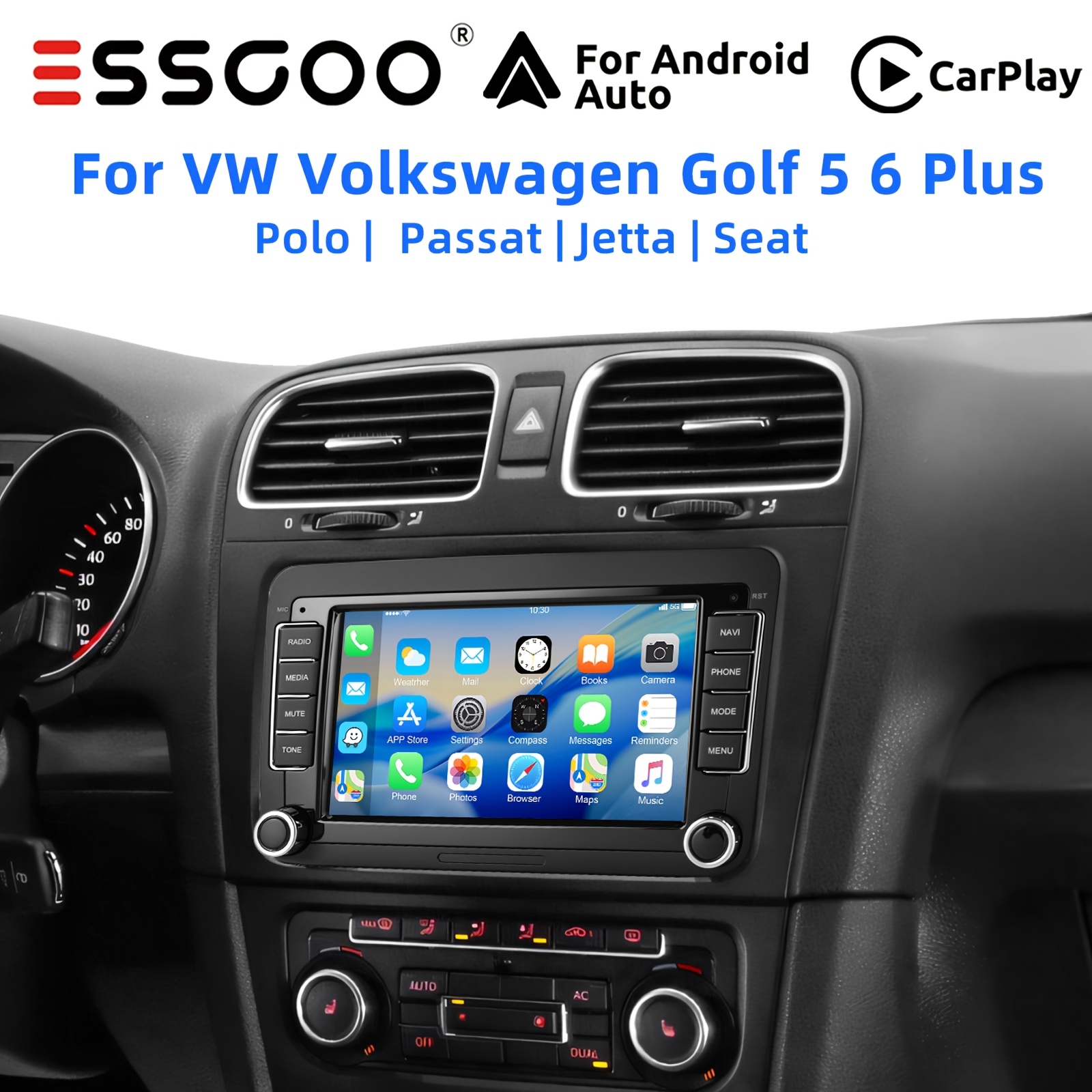 Image of Essgoo 4+64g Carplay Auto Car Stereo Radio For , Caddy, Golf 5, Golf 6, , , And Seat, Featuring Rcd330, 7-inch Touchscreen Stereo 14 Usb Wifi Rds Radio