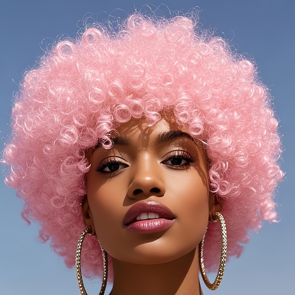 Image of Anxin Wig, Short Fluffy Pink Small Curly Afro Puff, Women's Synthetic Small Bouncy Curly Wig, Suitable For Halloween And Cosplay Parties