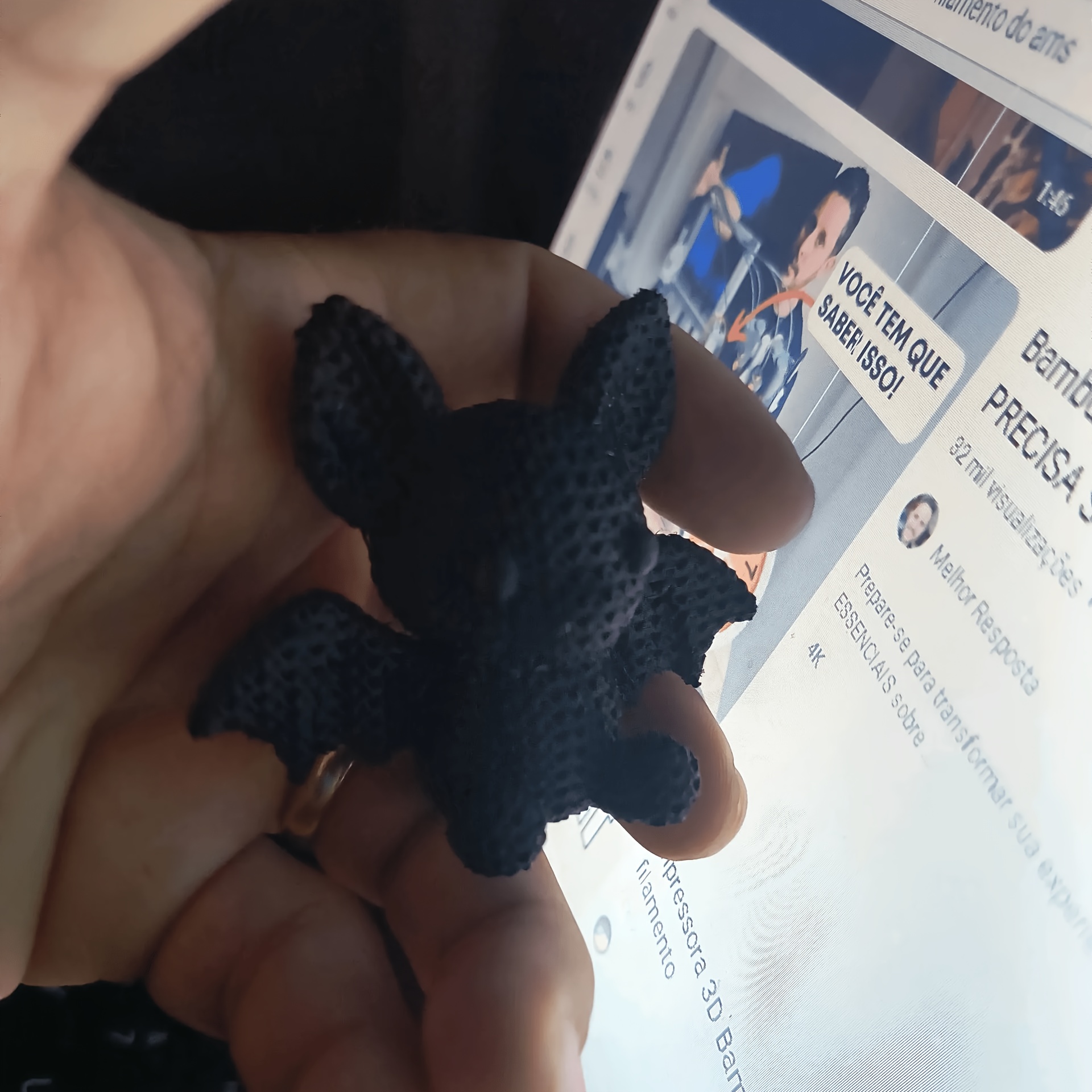 Knitted Textured Bat Desktop Sculpture, 3D Printed Matte Black