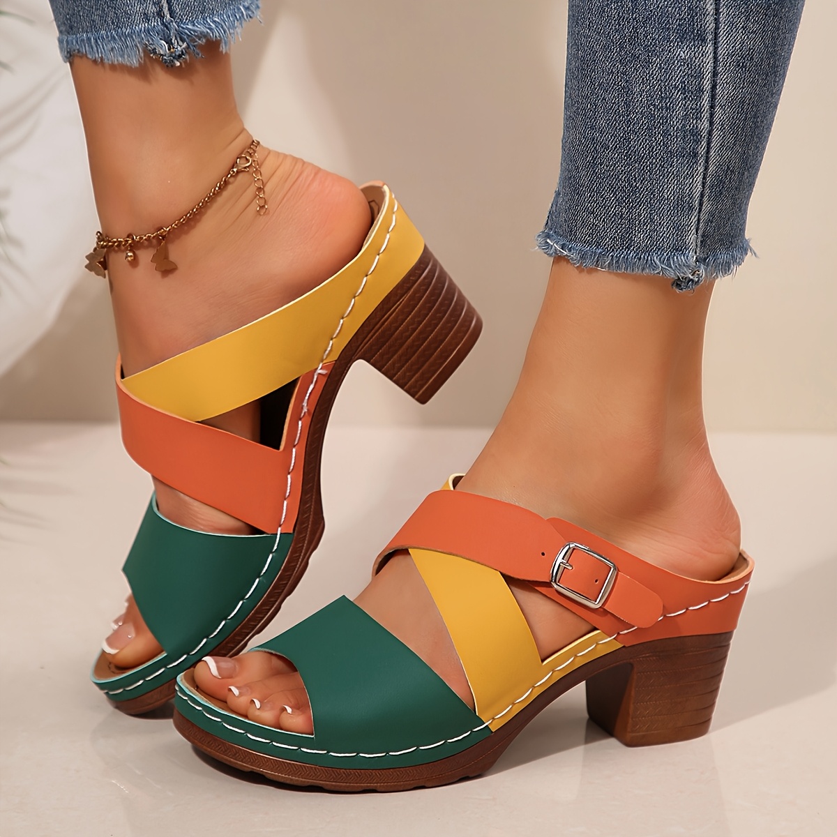 Women'S 2025 Summer Fashionable Wedge Sandals - Comfortable, Slip-On Platform Shoes with Colorful Straps, Synthetic Upper, TPR Sole, Low Heel, Casual Footwear|Colorful Strap Sandals|Synthetic Shoes