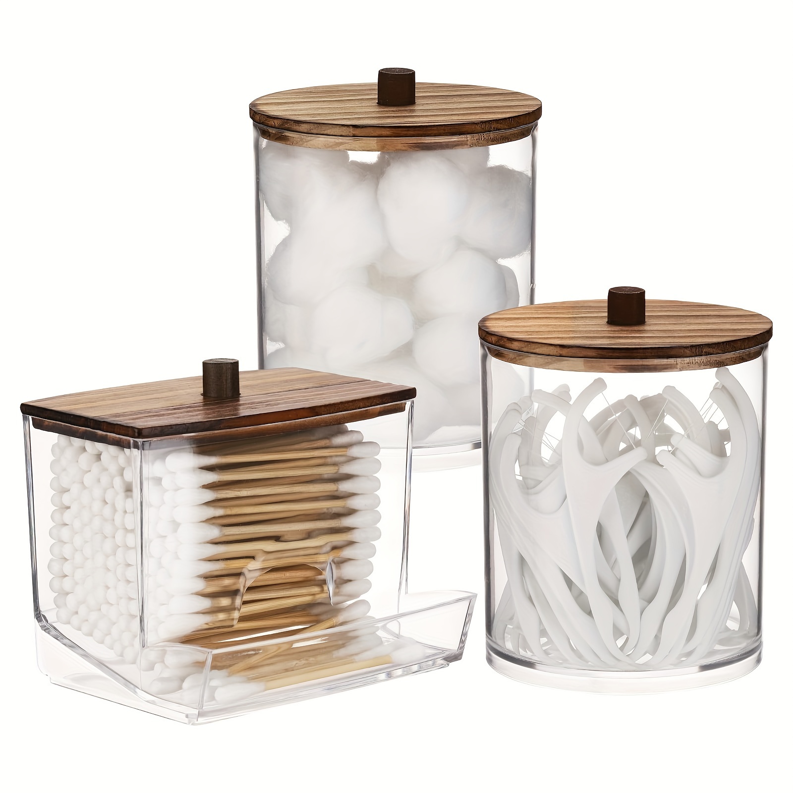 

Plastic Bathroom Organizer Set - 10/7 Oz Dispenser, Cotton Ball Holder, Apothecary Jar Storage Box For Cotton Swabs, Cotton Rounds, Floss Picks