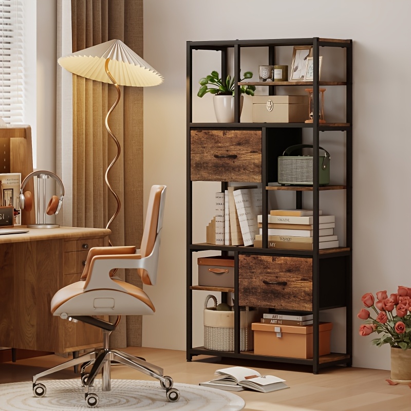 TEMU Industrial Bookshelf With Storage Function, With 2 Fabric Drawers And 9 Open Compartments, Steel Construction With 50 Kg Load Capacity,