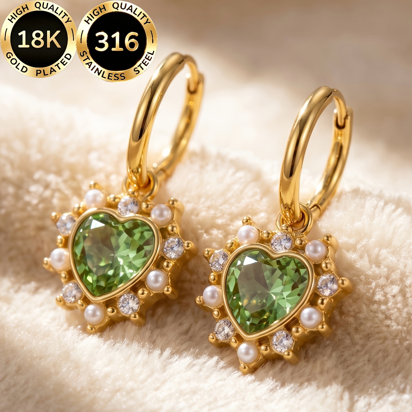 TEMU 1 Pair High-quality Steel 18k Golden Plated Hypoallergenic Facial Contouring Light Luxury Elegant Sparkling Heart Shape With Light Green