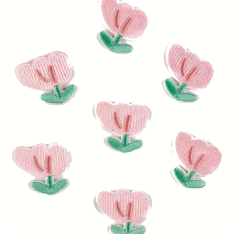 TEMU Un set de 7 parches bordados con diseño de tulipanes rosas, decoraciones estilo dibujos animados que se pueden planchar o coser, ideales para