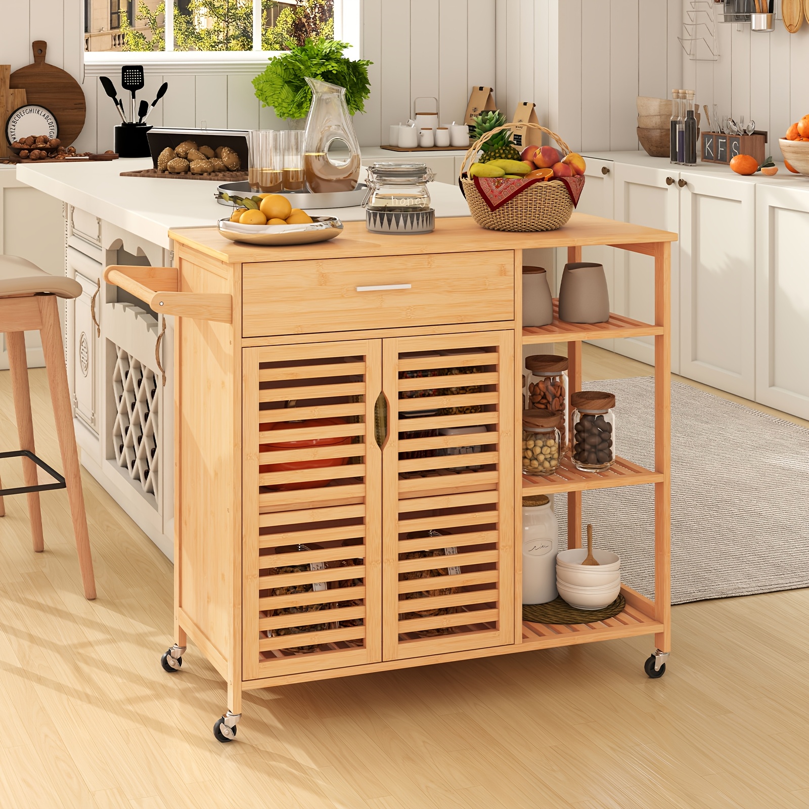 Image of 90cm Kitchen Island Cart, Bamboo Rolling Storage Sideboard W/ Lockable Wheels, Drawer, Open Shelves, Towel Bar & 2-door Cabinet, Mobile Organizer For Dining Room, Living Room
