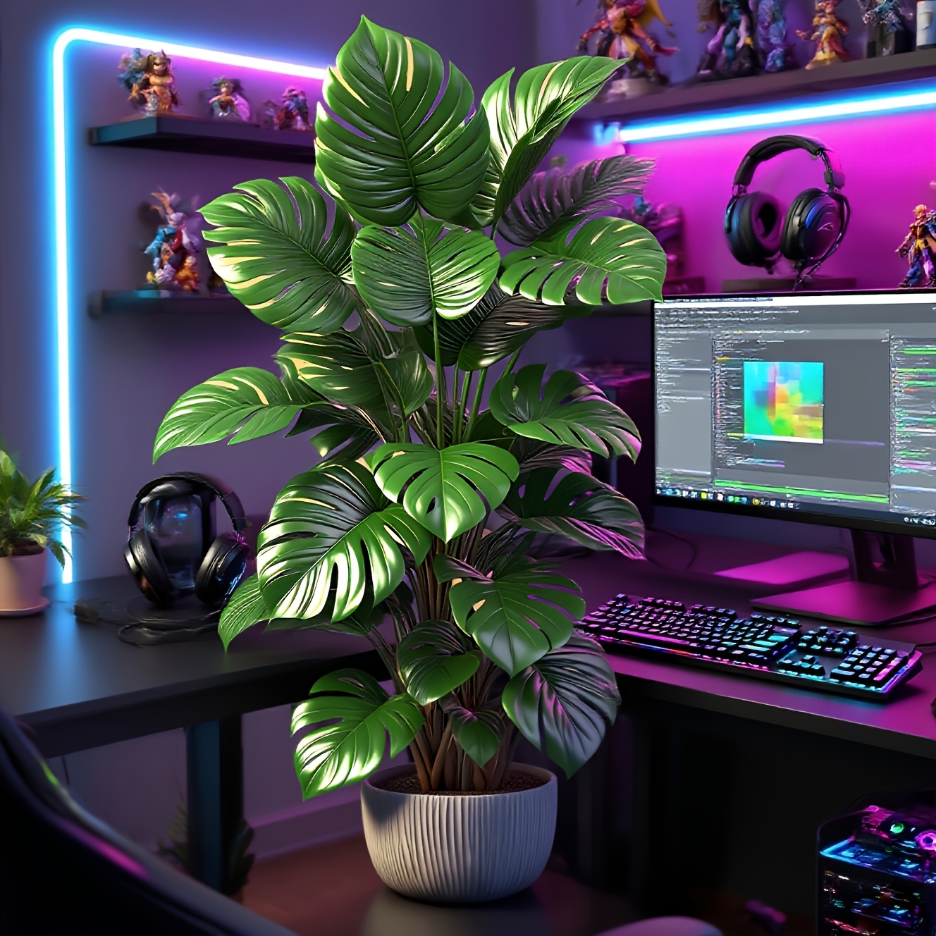 Een grote kunstmatige palmboom met weelderig blad - een realistische nepplant voor binnen en buiten