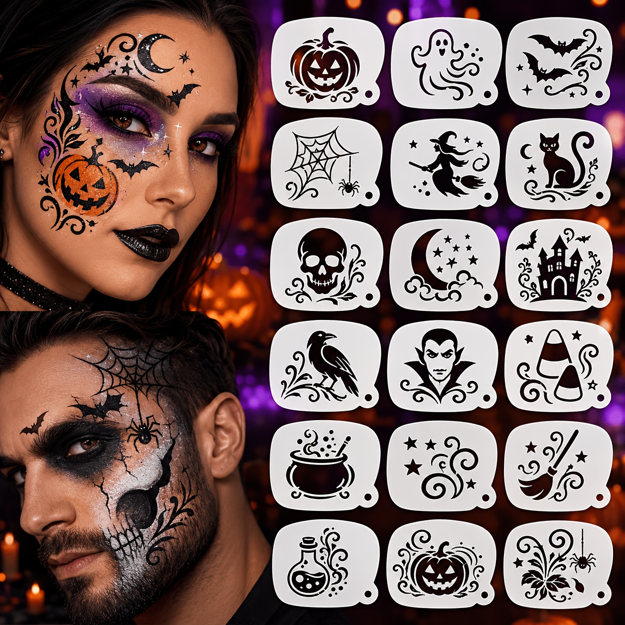 TEMU 18pcs Halloween Face Painting Stencil Set, Creamy White Flexible -purpose Painting Stencils, Reusable Halloween /pumpkin/ Makeup Stencils,