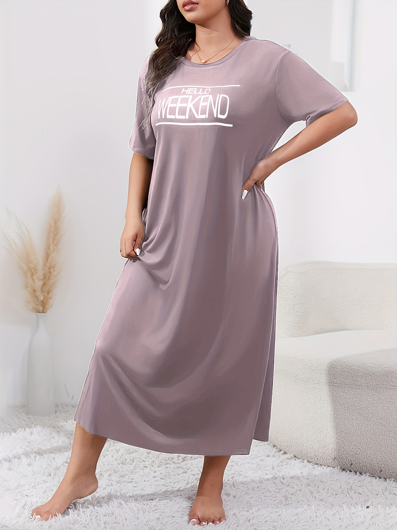 Women's Plus Casual Lounge Dress, Plus Size Slogan Print Short Sleeve Round Neck Sleep Dress