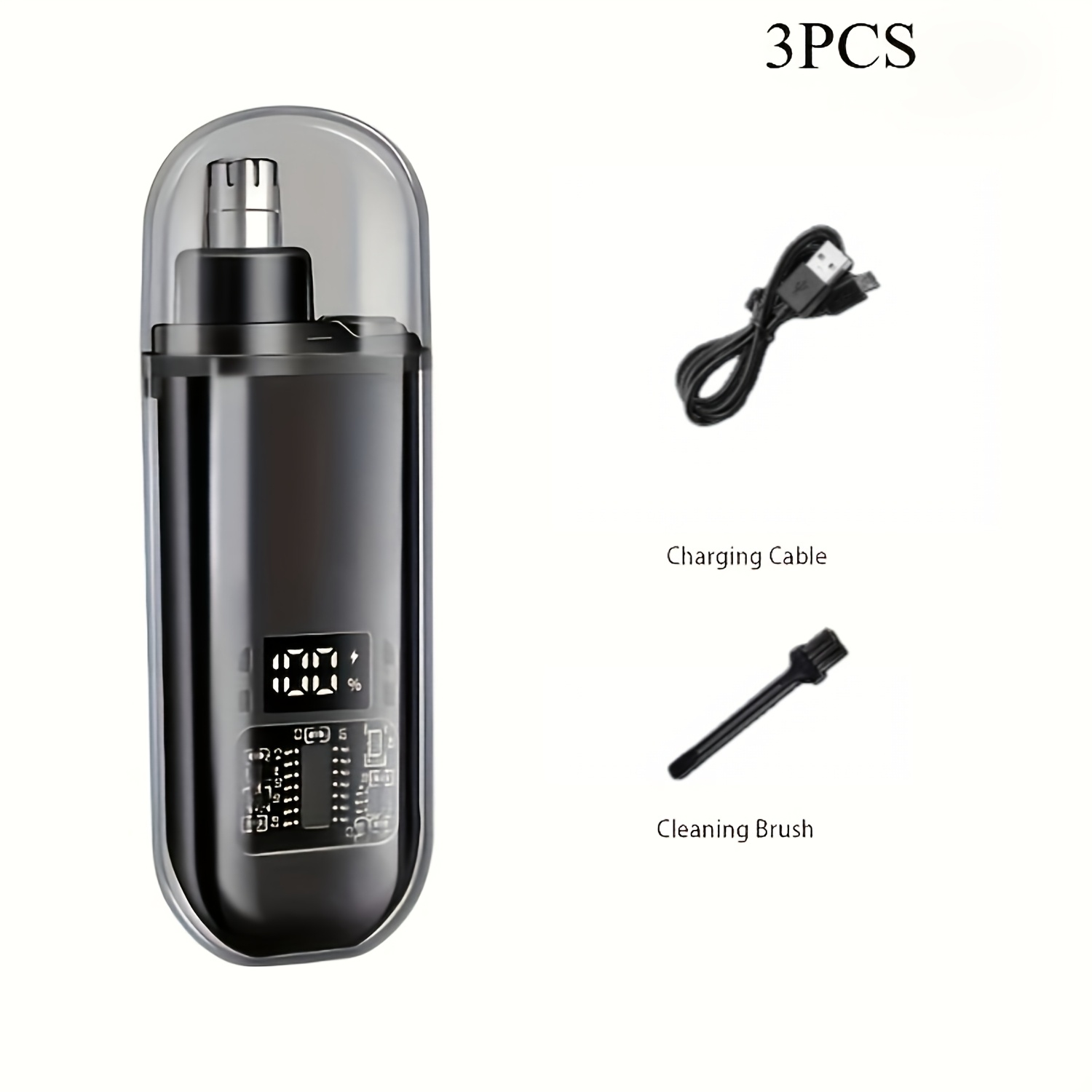 TEMU The 3pcs Set Includes A Unisex Nose Hair Trimmer, Data Cable, And Cleaning Brush. A Rechargeable Portable Nose Hair Trimmer With A Digital