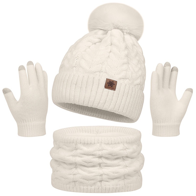 TEMU Juego de 3 piezas de gorro, bufanda y guantes de otoño/invierno, gorro de punto con borla grande y orejeras, guantes forrados compatibles con