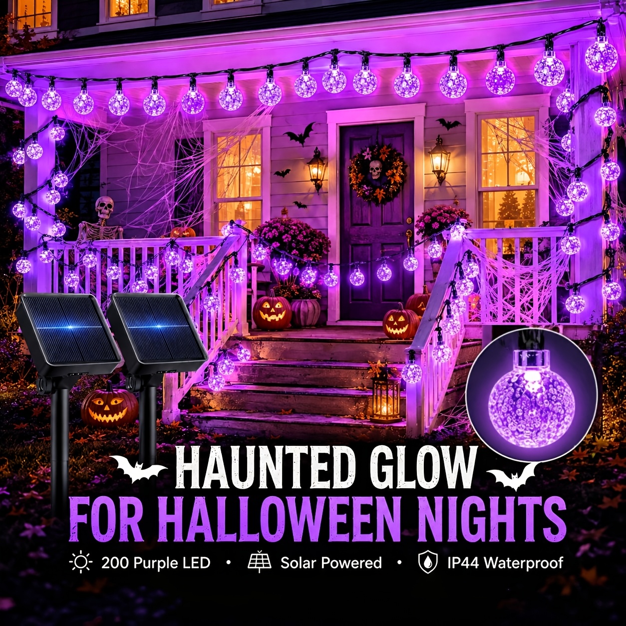TEMU 2pcs Solar Bubble Ball String Lights, 200pcs Purple Leds, Halloween Fairy Lights, Ip44, 8 Lighting , Auto On Feature, Festive Display Lights;