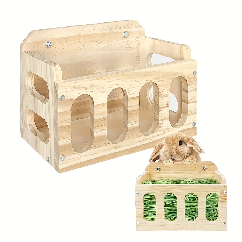 

Wooden Rabbit Hay Feeder - Small Pet Grass Holder & Food Dispenser For Bunnies, Guinea & Hamsters - Reduces Waste