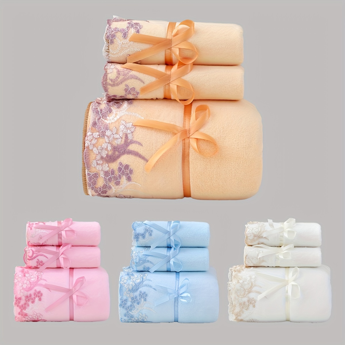 

Ensemble de 3 serviettes, broderie dentelle moderne, 1 serviette de bain et 2 serviettes de visage, tissu absorbant et anti-chute, idéal pour , les , , couleurs assorties