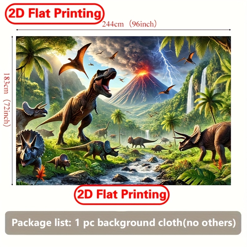 TEMU 2d Flat 1pc, 8x6ft Polyester Prehistoric Dinosaurs Jungle World Backdrop Banner, 2d Wall Covering For Living Room, Bedroom, Office, Outdoor
