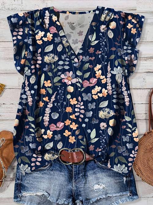 elegant directional floral pattern womens blue casual shirt suitable for summer