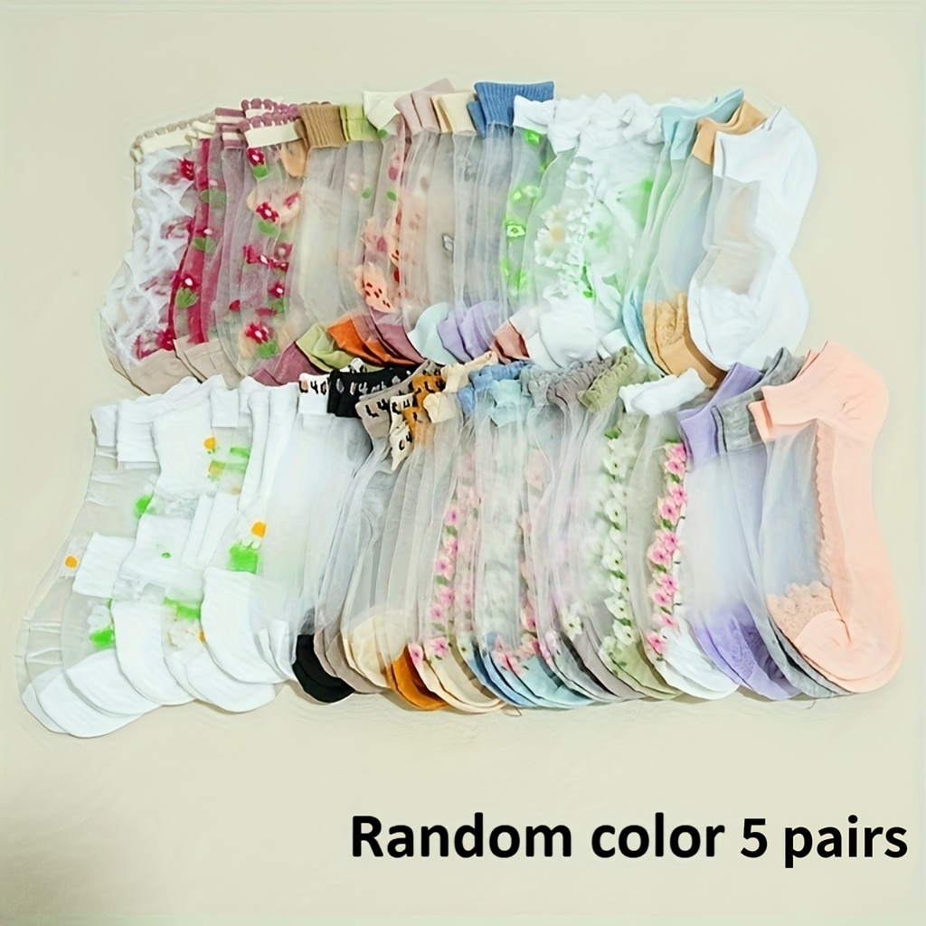 E-shop 10 Stück/5 Paar Damen bedruckte atmungsaktive Knöchelsocken – Bequem für Frühling, Sommer Herbst, Handwäsche, Vielseitig für Casual formelle