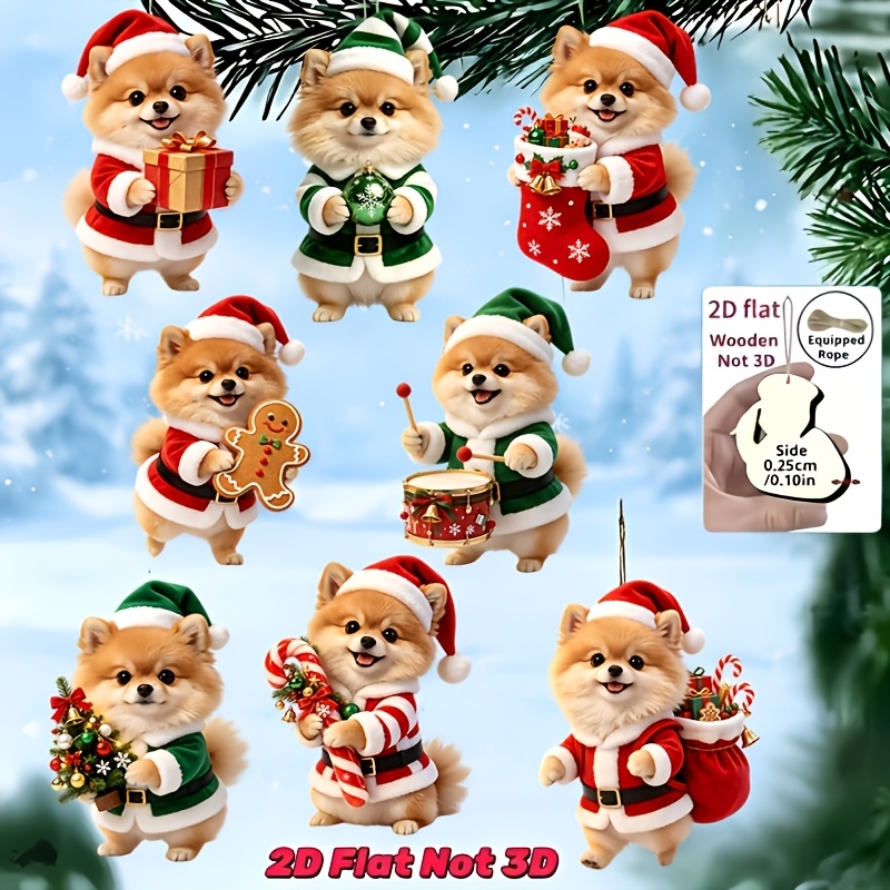 TEMU Ensemble de 8 décorations de Noël plates 2D, ornements de Noël en bois Pomeranian, décorations à suspendre pour sapin de Noël, décorations à