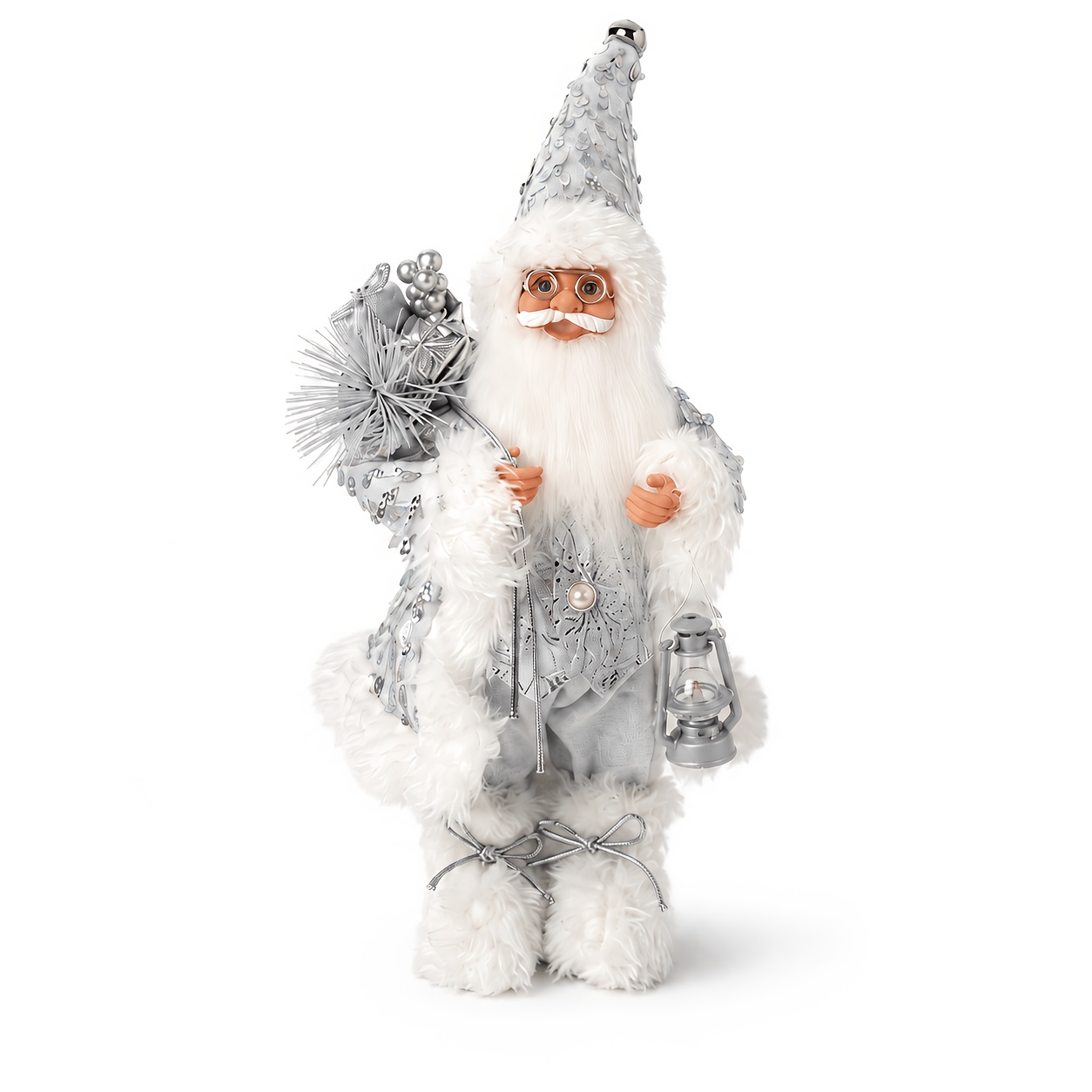 TEMU 1pc 30cm/11.8in Silver White Santa Claus Figurine With Lantern And Gift Sack, Sequined Christmas Tabletop Decoration, Festive Decor For