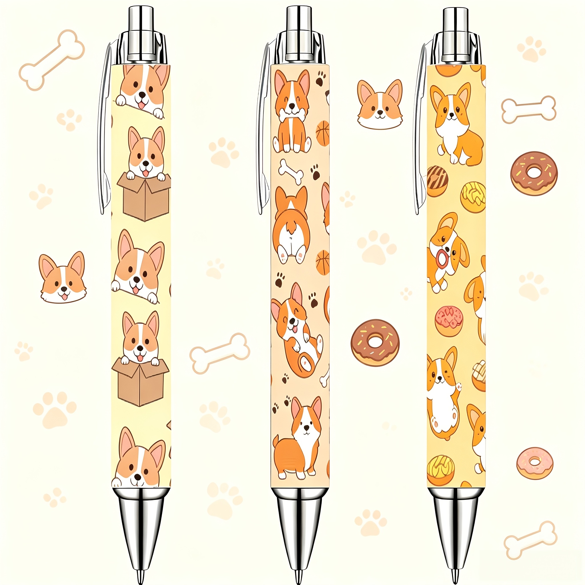 TEMU 3-pack Corgi Dog Pattern Retractable Ballpoint Pens, Gift, Cute And Exquisite Ballpoint Pen, 1.0mm Black Ink, Retractable Pen, Suitable For