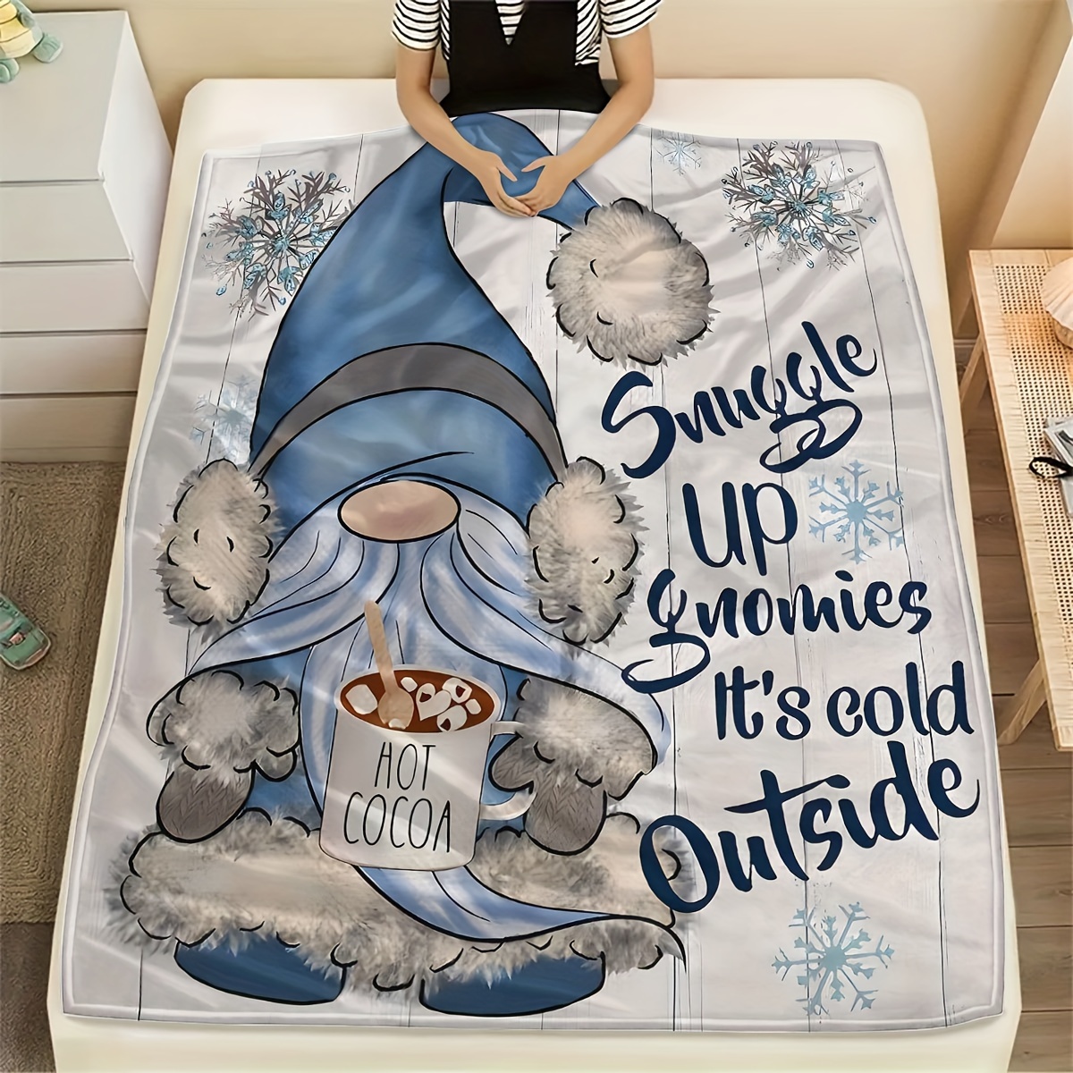 rustic blue gnome throw blanket soft cozy flannel fleece fantasy print   machine washable   polyester cover polyester lining 200 250gsm multi use home kitchen decor details 3