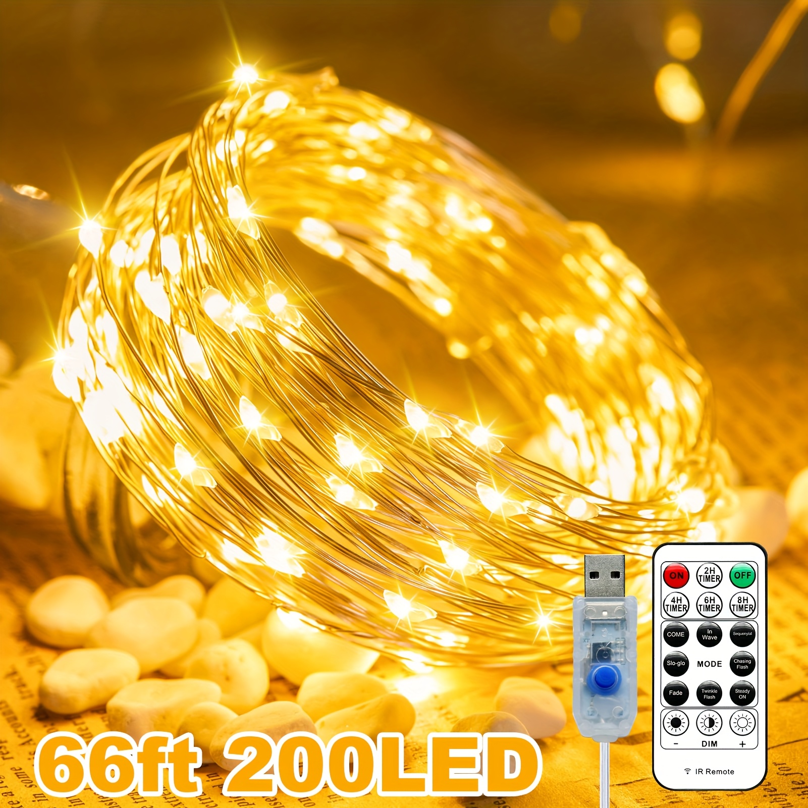 TEMU Usb Led Fairy String Light, 66ft 200led Copper Wire Fairy Lights For Indoor, Bedroom Festival Christmas Wedding Party Decorative Window