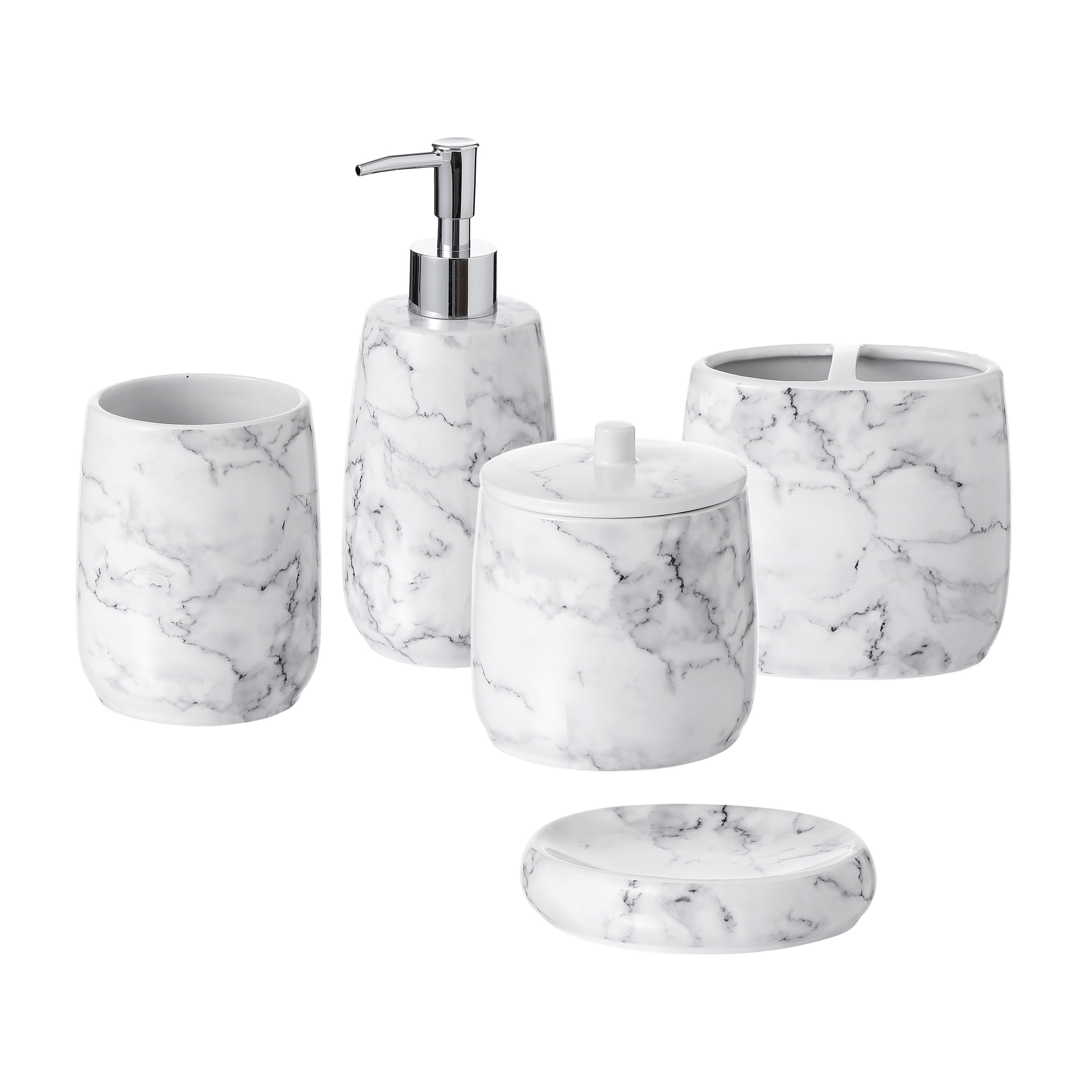 

5pcs Ceramic Bathroom Set, Marble Pattern, Includes Soap Dispenser, Toothbrush Holder, , Candle Holder, Decorative Tray