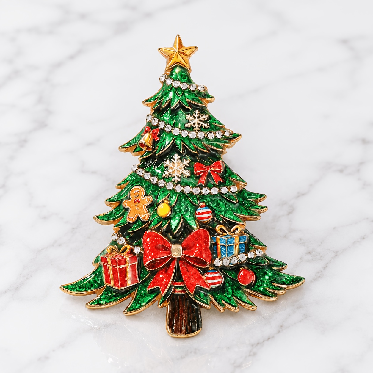 TEMU Merrysmile Plated Christmas Tree Brooch - 3d Gingerbread Men & Bauble Ornament With Gift Box Collar Suitable For Holiday Party Outfits, Elegant