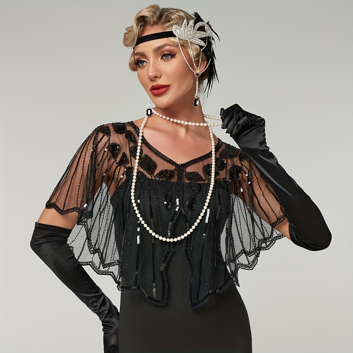 

1920s Vintage Sequin Flapper Shawl Solid Color Short Cape Elegant Style Dress Smock Suitable For Party Evening