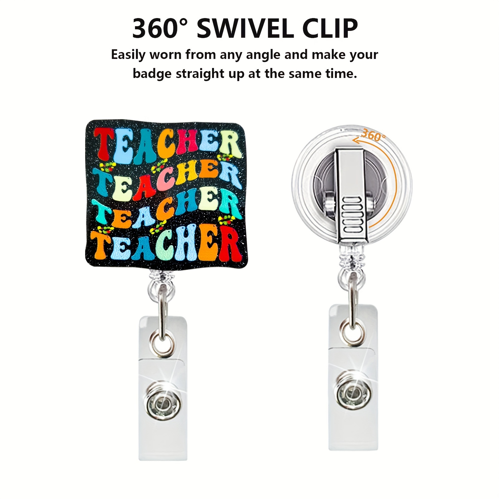 1pc Teacher Retractable Badge Reel with Alligator Clip Rainbow ID Card Badge Holder Funny Teacher Badge Funny Silver Glitter Badge Reel Gift for