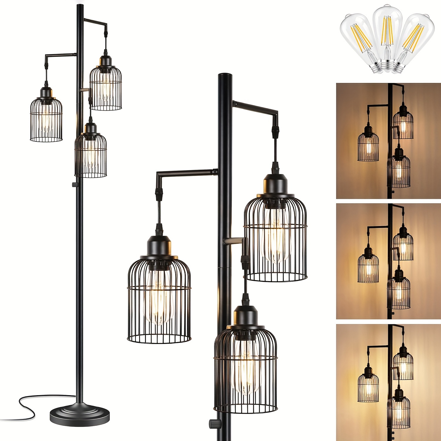

Industrial Floor Lamp For Living Room, Led Farmhouse Standing Lamp With 3 Birdcage Hanging Shade, Dimmable Tall Lamp Rustic Home Decor For Bedroom Office, Black (bulbs Included)