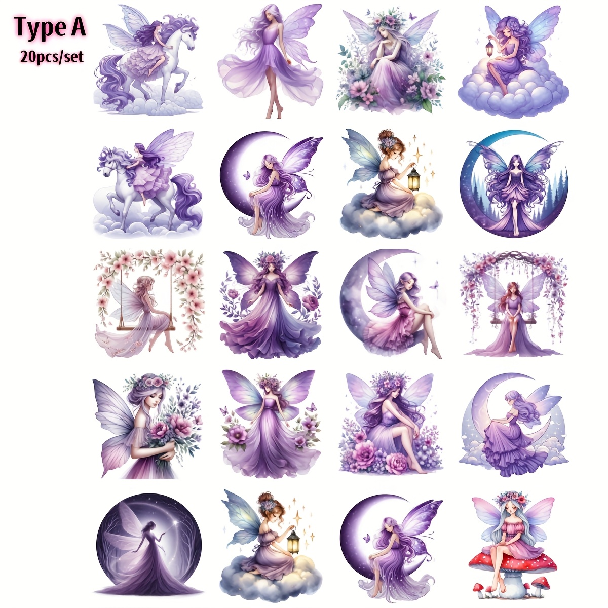 TEMU 20pcs Stickers Set, Reusable Purple Self-adhesive Paper Decals With Embroidered Embellishment, Matte For Scrapbooking, Journaling, Photo Albums,