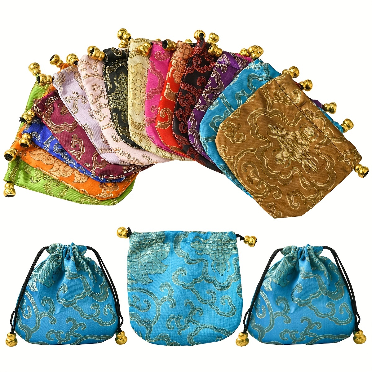 

14pcs Chinese Style Silk Jewelry Pouches With Mixed Colors & Cloud Patterns - Drawstring Gift Bags For Storage And Organization