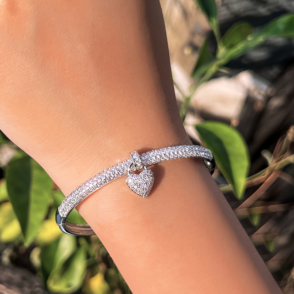 Heart Zirconia Bridal Bangle, Silver Plated, Wedding Jewelry