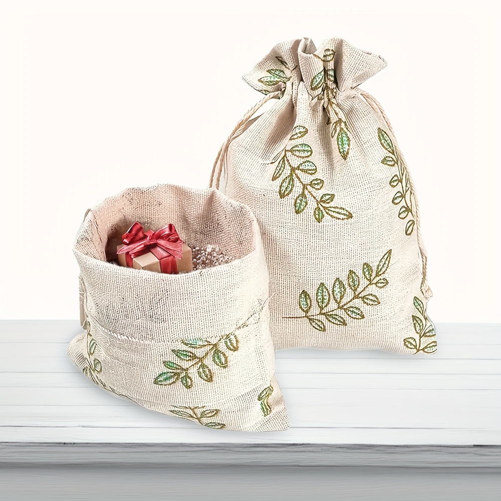 

20pcs Elegant Leaf-patterned Burlap Drawstring Gift Bags - Ideal For Jewelry, Weddings, - Christmas, Valentine's, Thanksgiving | Reusable Canvas Pouches With Green Embroidery