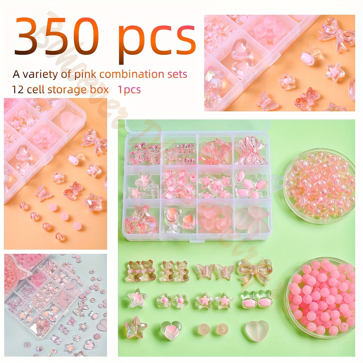 

350pcs Pink Bead Assortment With Storage Box - Acrylic Butterfly, Heart, Star, Bear, Rabbit & Floral Charms For Making - Bracelets, Necklaces, Rings & Crafts - Ideal Gift For Holidays