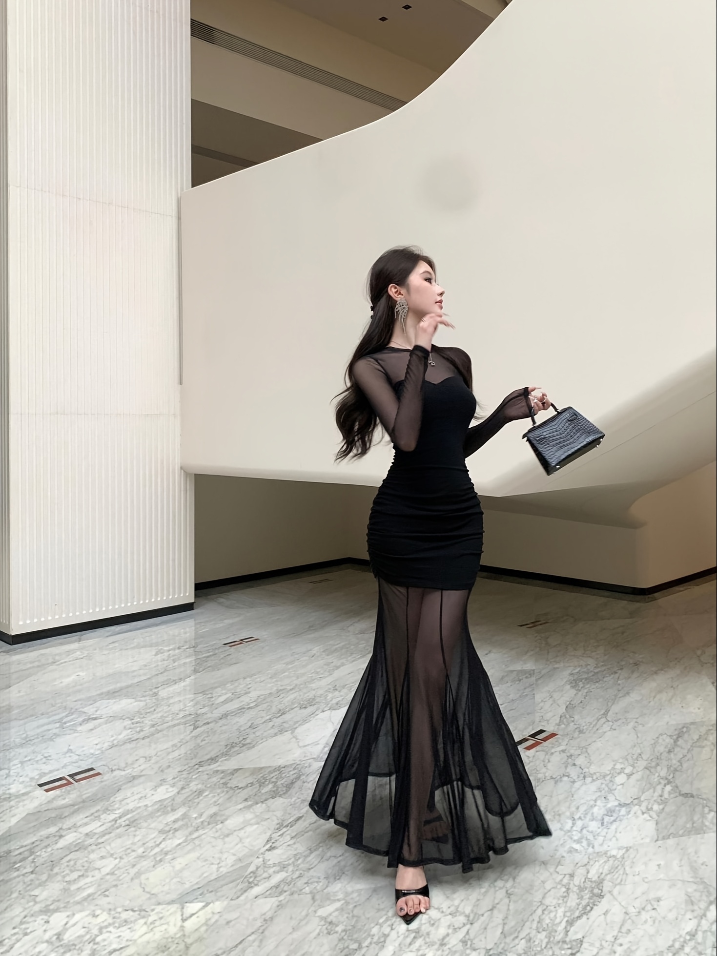 chinese dress ladies Berylove Women Sage Formal Dress with Long Sleeves Ruched Mermaid Mesh Off  the Shoulder Maxi Dress with Back Zipper main image 0