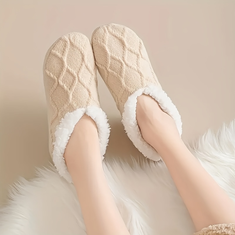 

3 Pairs Women's Fuzzy Socks, Warm Non-slip Knit Fabric Slippers With Cute Plush Trim, Solid Color Polyester 95% Elastane 5%, Hand Washable - Footwear