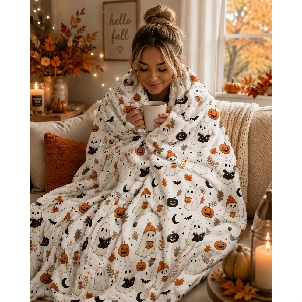 TEMU Couverture en flanelle à motif d'Halloween | Couverture d'automne douillette | Jolie couverture citrouille d'automne | Décoration d'intérieur