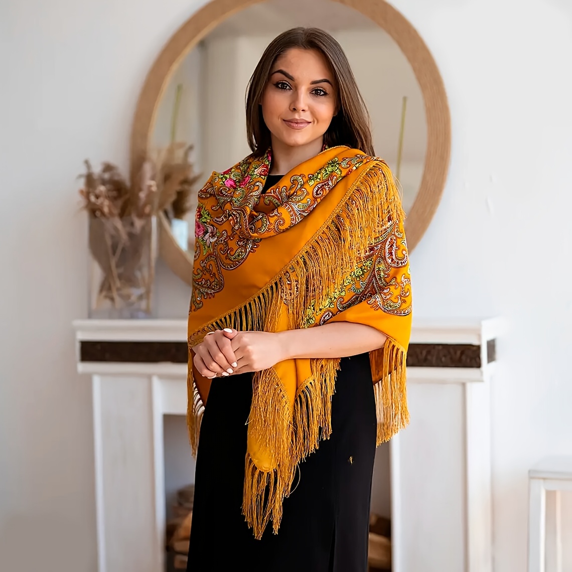 A Womens New Printed Rose Floral Tassel Square Scarf A