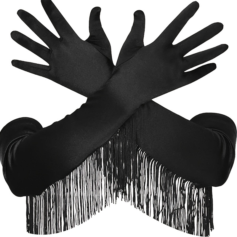 

1pair Elegant Black Satin Long Gloves With Fringe Accent, Perfect For Latin Dance Performances, Romantic Bridal Accessory