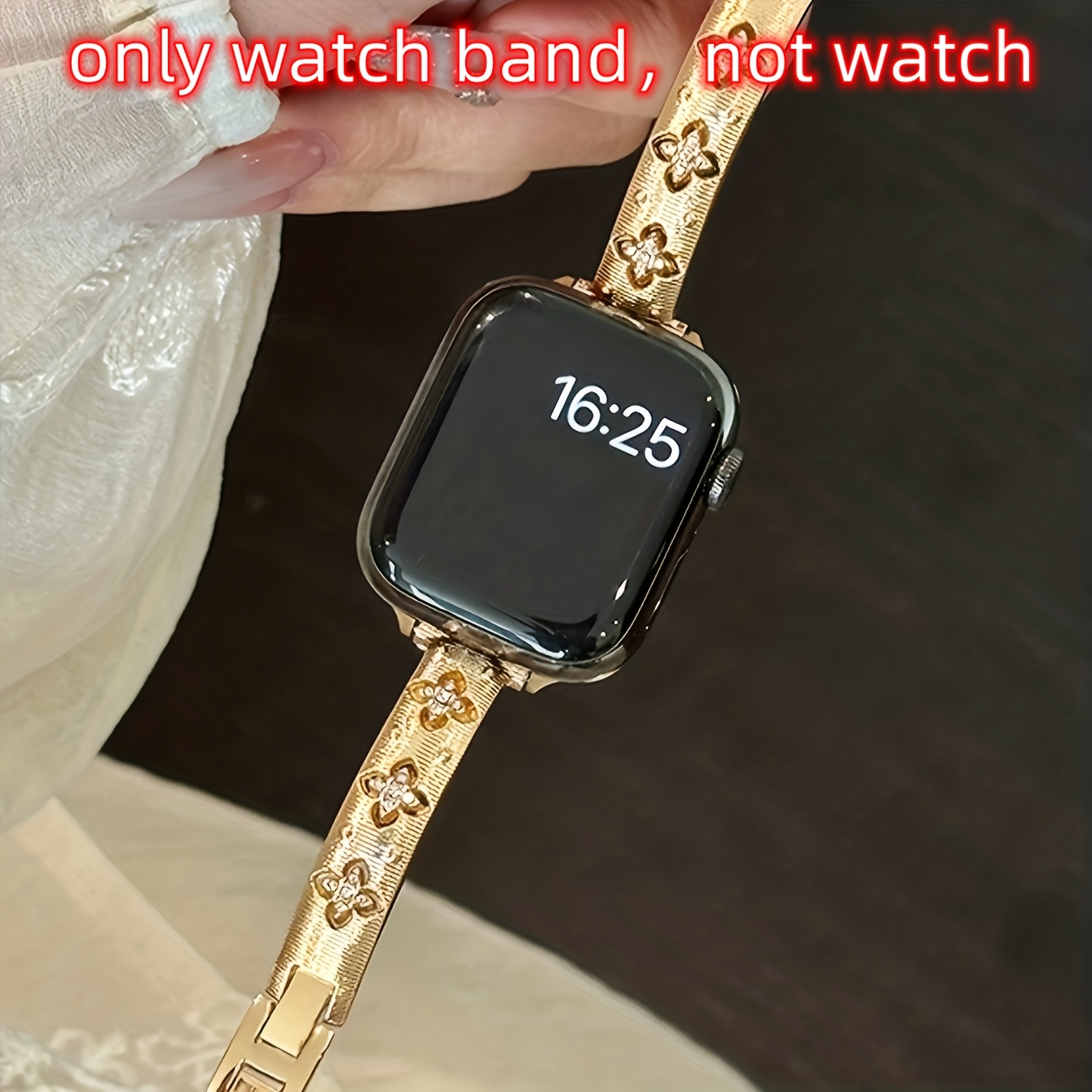 TEMU 1pc Women' Ultra-thin Golden Stainless Watch Band Compatible For All Watch Ultra//2/3/4/5/6/7/8/9/10/se, Adjustable Strap With Clasp, Floral