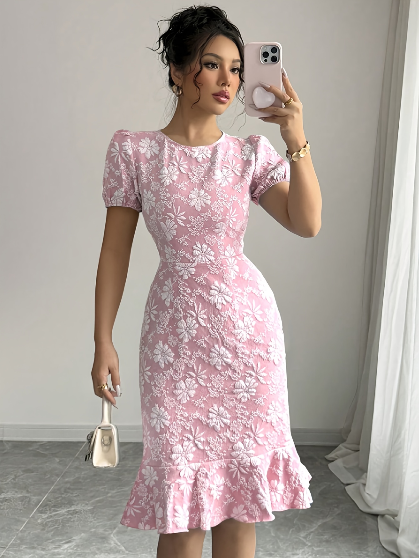 womens elegant round neck floral print dress fitted top - Temu Oman