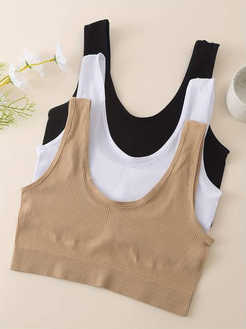 3pcs single layer seamless ribbed bra set anti wardrobe sports base layer underwear breathable running yoga fitness daily universal style comfortable wear xxl sizes