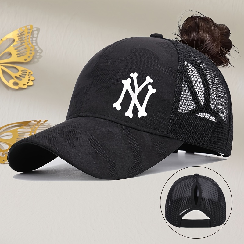 Image of Bone Ny Print Women's Baseball Cap Camouflage Hat Mesh Breathable Ponytail Hat Outdoor Casual Duck Tongue Cap Ponytail Braid Camouflage Baseball Cap Camping Back Opening Hat