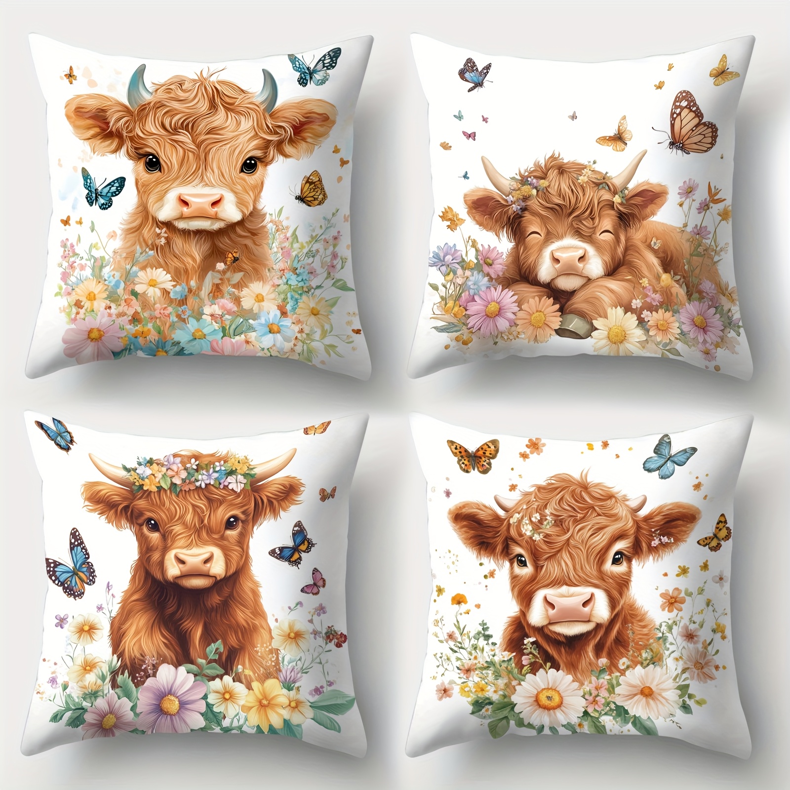 TEMU A Set Of 4 Cute Cow, Spring Flower, And Pillow Covers, Perfect For Festive Sofa Decoration, Home Decor, Room Decor, Office Decor, Living Room