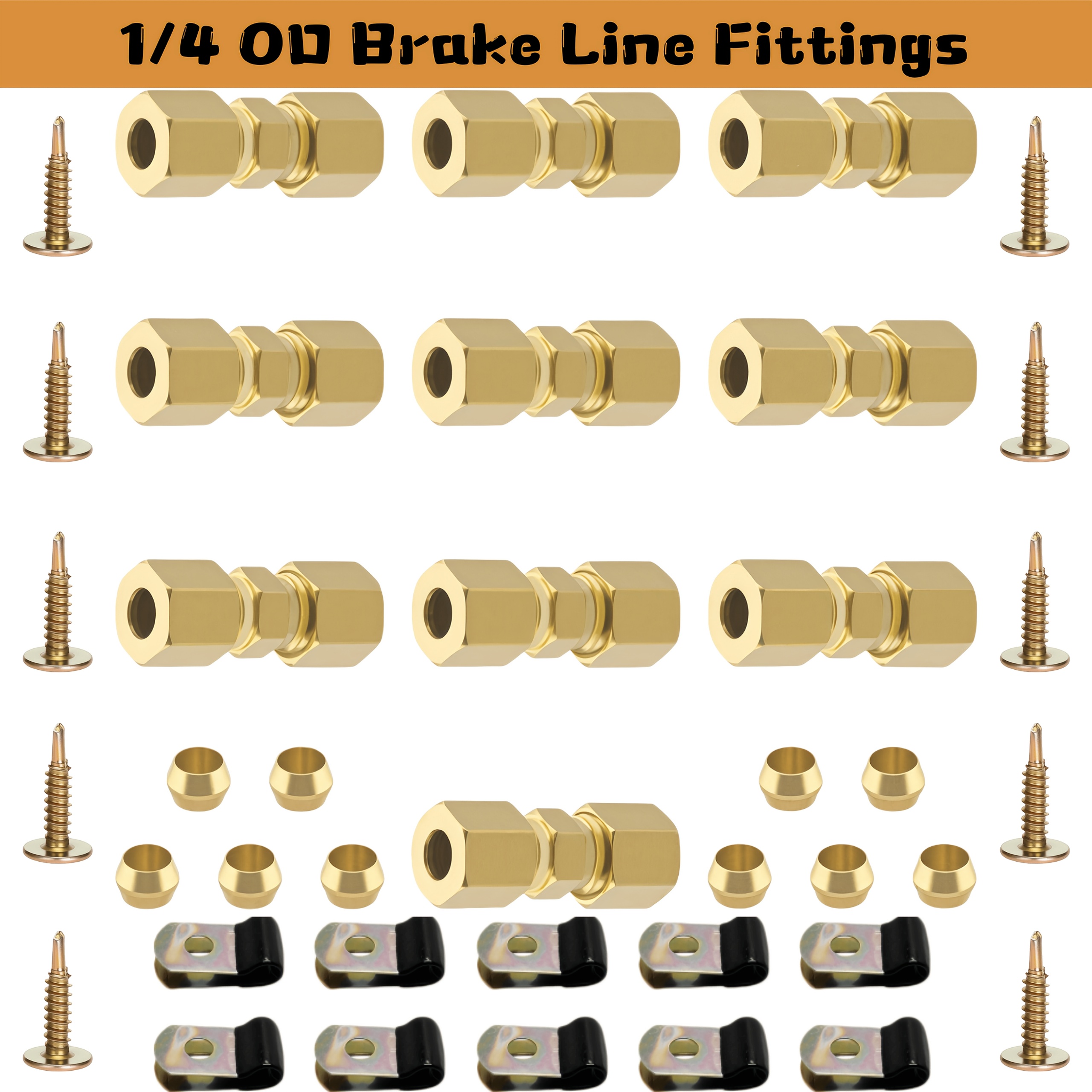 TEMU 10 Pack Of 1/4 Or 3/16-inch Od Brake Line Fittings Kit With Hose Clamps And Screws Compression Union, Brass Compression Fitting