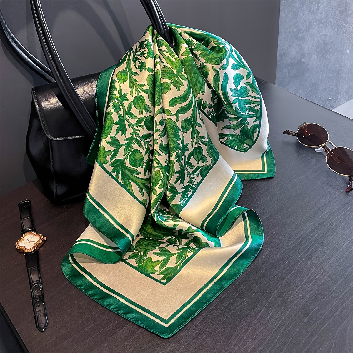 TEMU Retro Elegant Fashion Lady Style Green Plant Real Silk Small Square Scarf | 100% Silk, Retro Plant Illustration -catching, Silk Drape Shows A