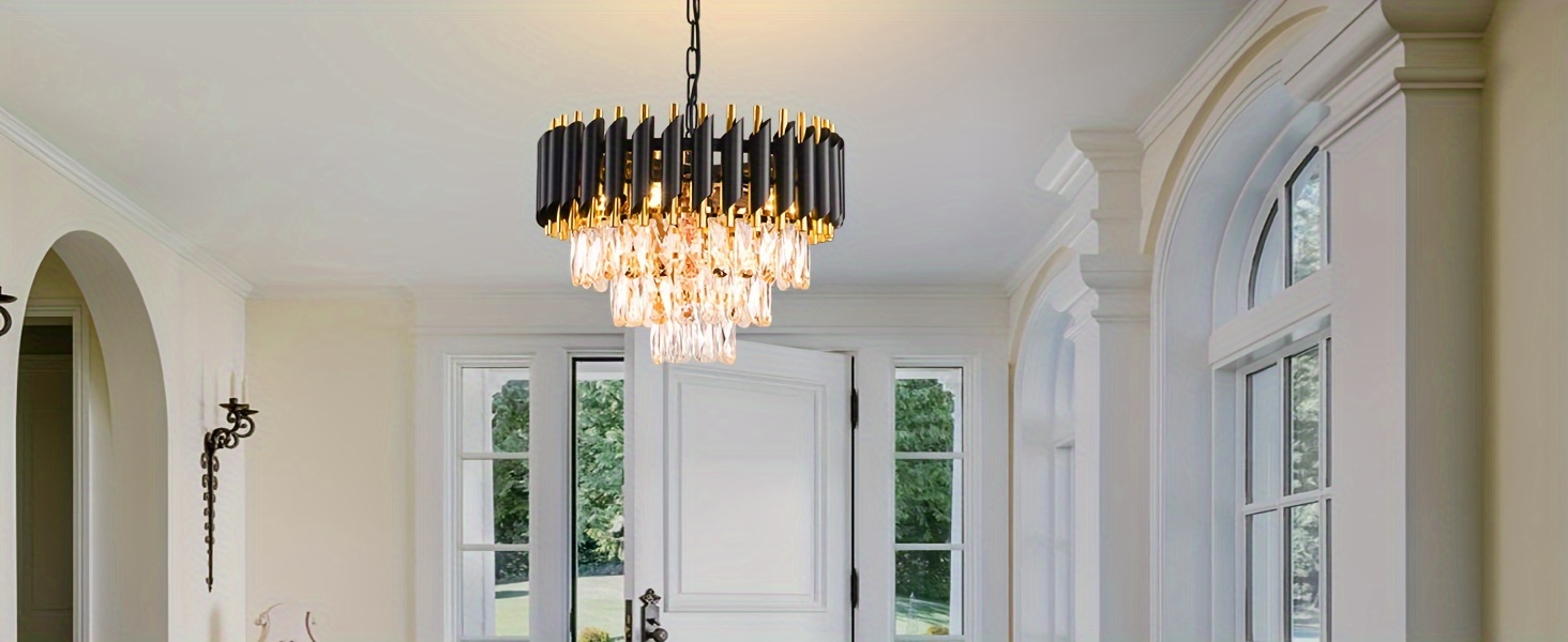 Elegant 3-Tier Black & Golden Crystal Chandelier - Modern Flush Mount Ceiling Light for Living Room, Dining, Bedroom - Adjustable, Easy Install, E12 Base (Bulb Not Included)