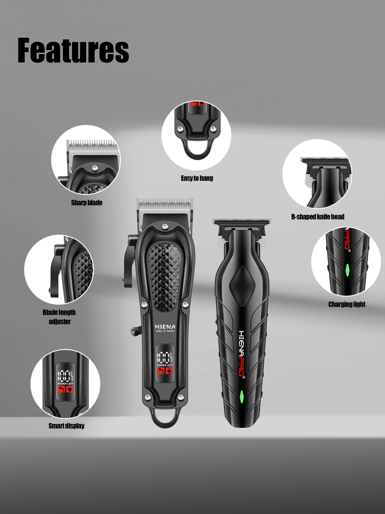 HIENA PRO Men's Electric Hair Clipper Set - Sleek Black Beard Trimmer with LCD Display, T-Blade, USB Rechargeable, 1500mAh Lithium Battery, Includes Multiple Comb Attachments for Styling & Grooming - Ideal Gift