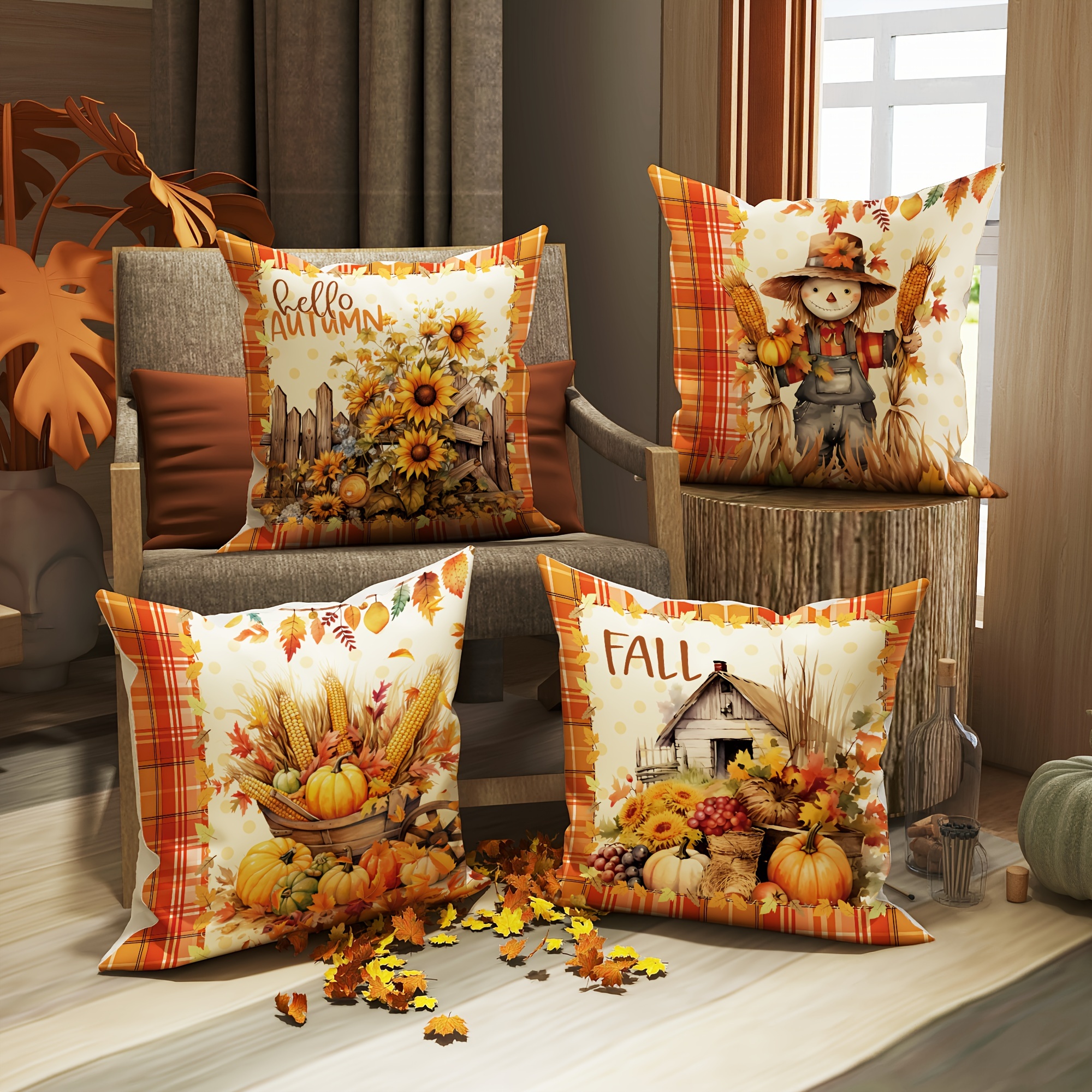 

4pcs Velvet Fall Thanksgiving Throw Pillow Covers Plant Buffalo Plaid Farmhouse Rustic Harvest Decorative Pillowcases18in*18in For Autumn Living Room Bedroom Sofa Bed Decoration Without Pillow Inserts